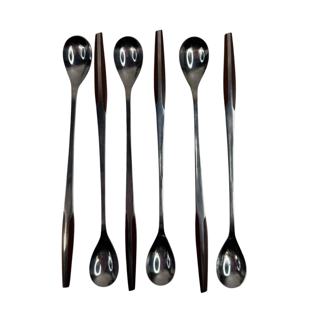 Eldan ELD2-BROWN Set 6 Iced Tea Spoons Mid Century Modern‎ Flatware Stainless